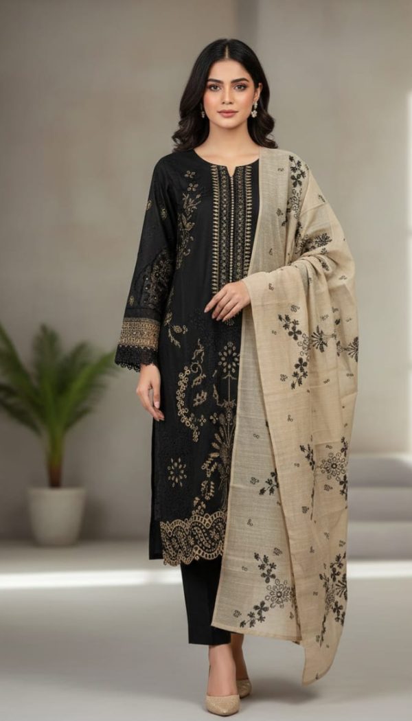 Stitched embroided 3 piece. Thread embroided lawn shirt. Masoori lawn embroided dupatta. Plain dyed trouser.    Size : Small