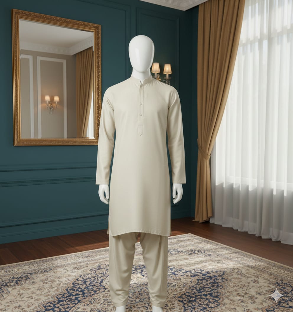 Bareeze Latha Cotton – Men’s Unstitched shalwar qameez (Off White)