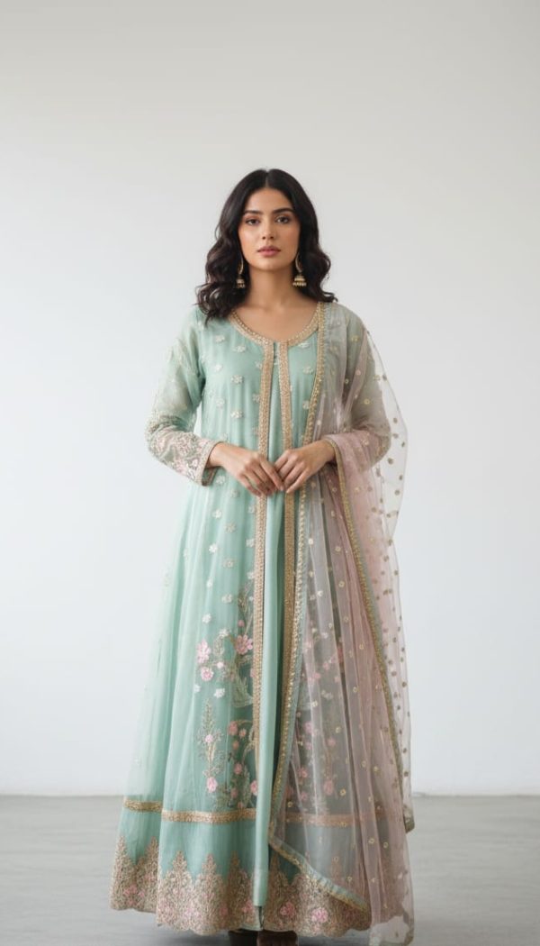 Stitched Embroidered Net Open Gown 3-Piece Suit. Size : Medium