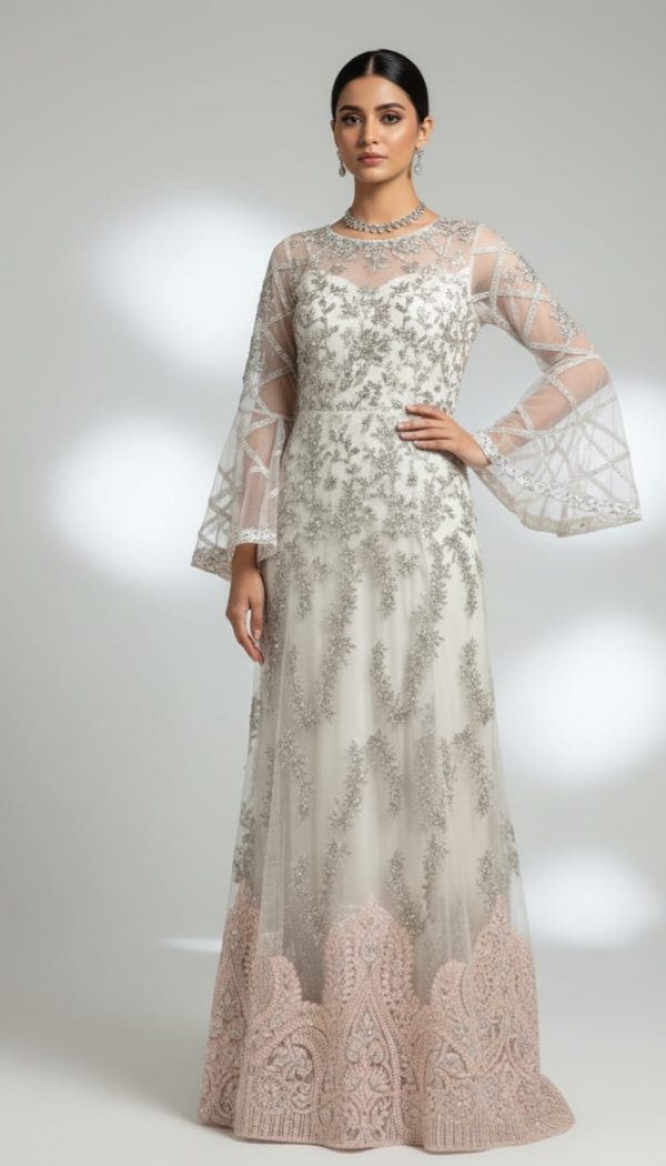 Unstitched Net Embroidered 3-Piece Suit – Off White & Powder Pink