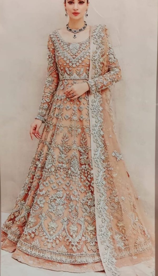 Luxury Handmade Silver Stone & Pearl Work Unstitched Maxi – Peach Pink