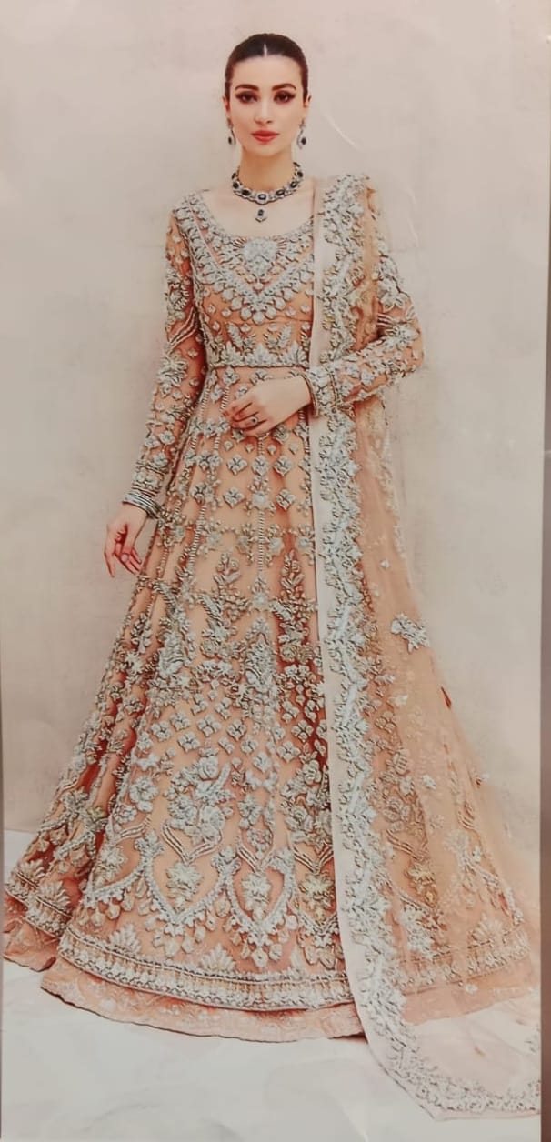 Luxury Handmade Silver Stone & Pearl Work Unstitched Maxi – Peach Pink