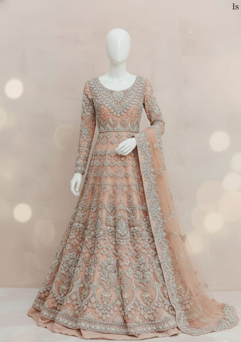 Luxury Handmade Silver Stone & Pearl Work Unstitched Maxi – Peach Pink - Image 2