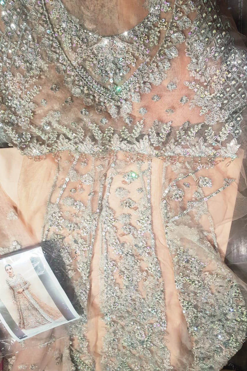 Luxury Handmade Silver Stone & Pearl Work Unstitched Maxi – Peach Pink - Image 3