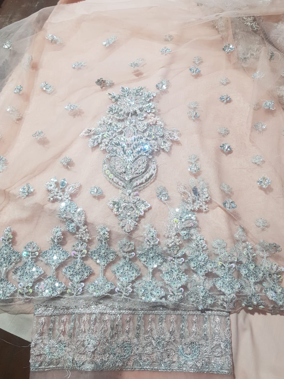 Luxury Handmade Silver Stone & Pearl Work Unstitched Maxi – Peach Pink - Image 4