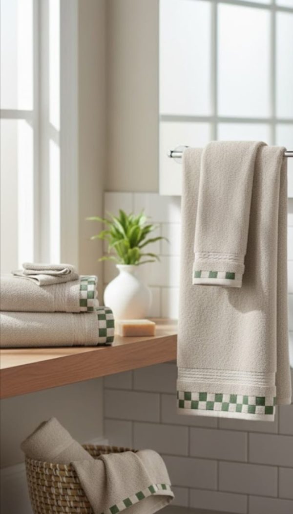 Premium Pure Cotton Bath Towel with Green Square Border