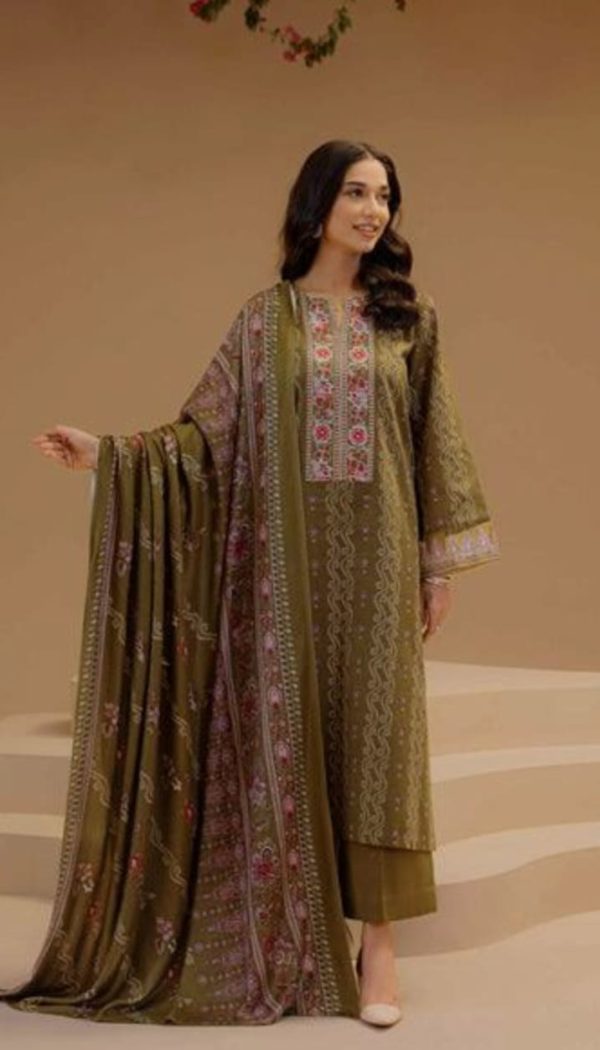 Premium Unstitched Printed Khaddar 3-Piece Suit – Dull Green Color