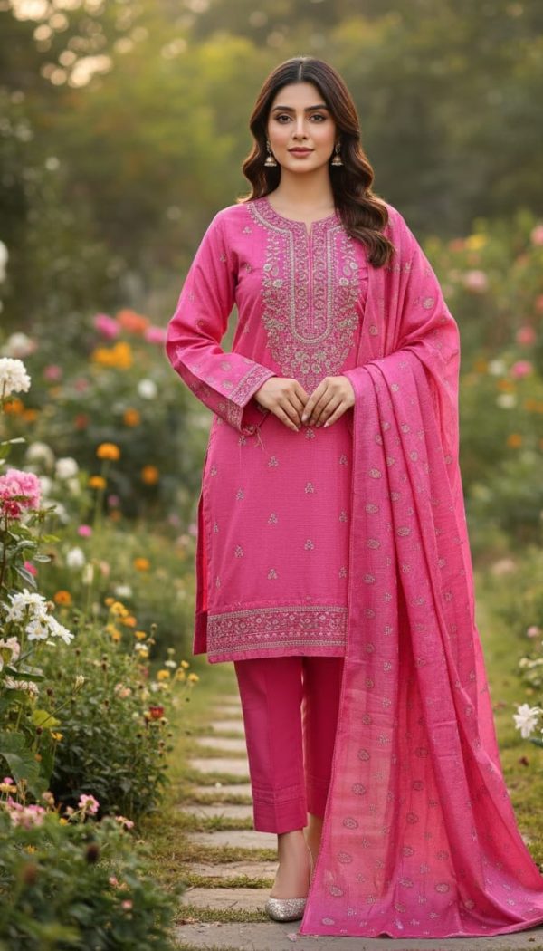 Unstitched Embroided masoori linen,Embroided shirt,Embroided shawl with dyed trouser.