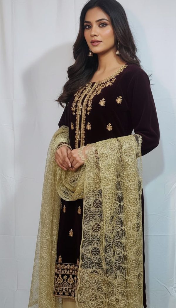 Elegant Velvet Stitched 3-Piece Suit – Deep Maroon & Gold