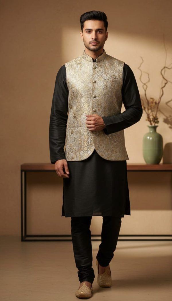 Stitched kurta pajama with waistcoat. Size : Medium