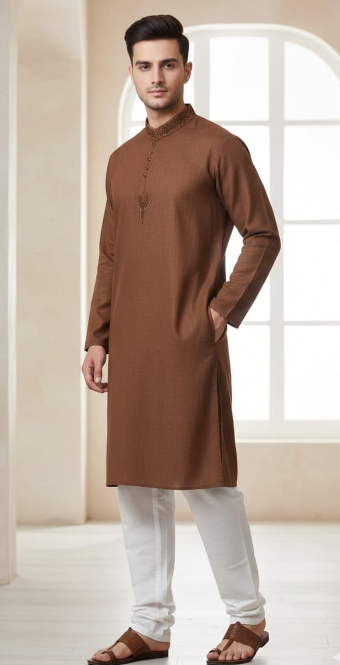 Stitched brown kurta with white shalwar. Size : Medium