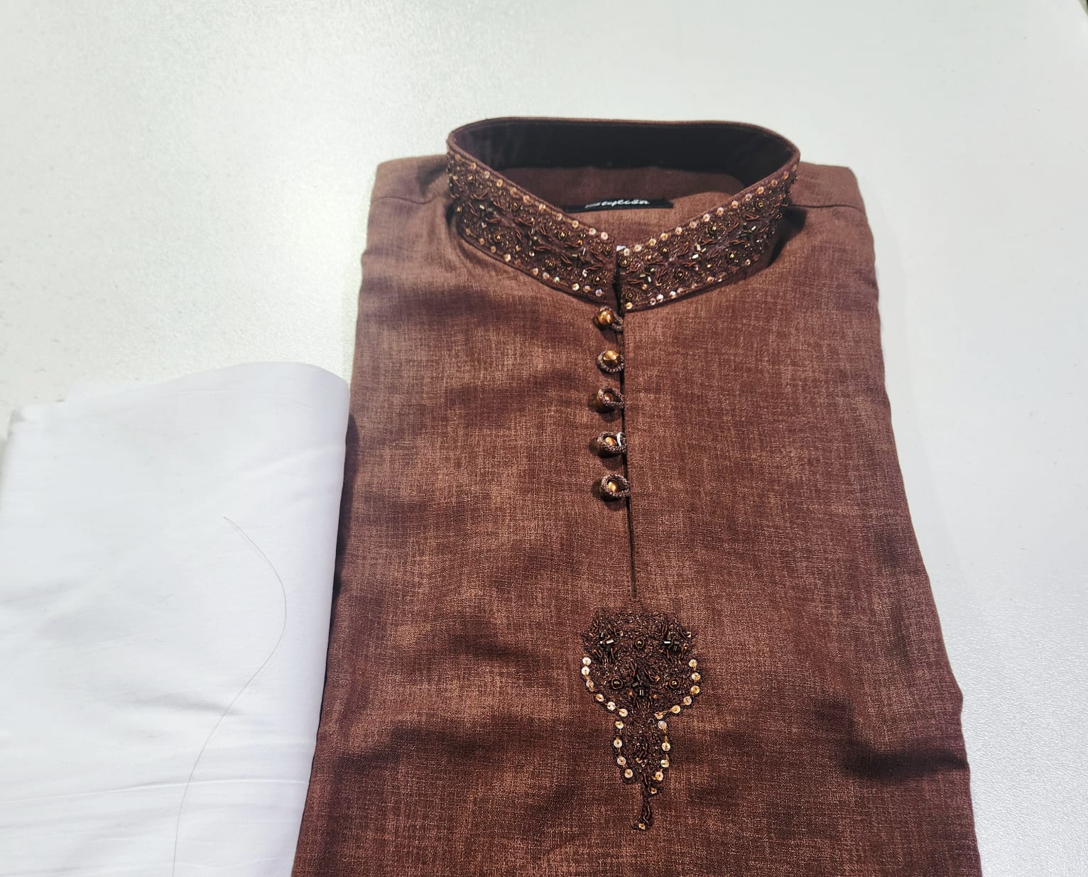 Stitched brown kurta with white shalwar. Size : Medium - Image 2