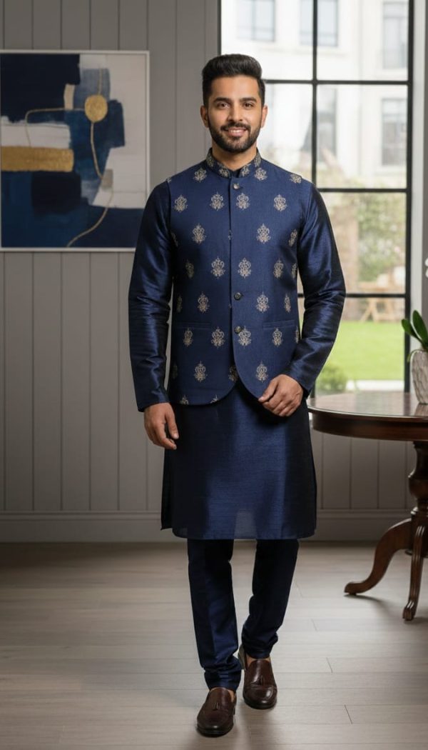 Stitched gents kurta pajama with waistcoat.    Size : Medium